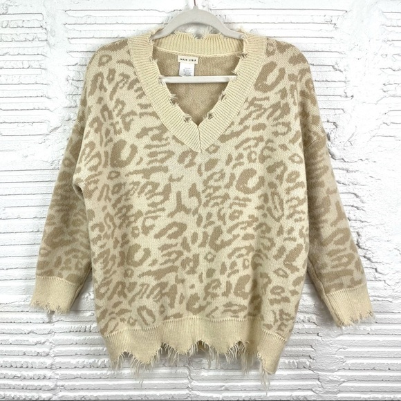 Main Strip Distressed V-Neck Pullover Sweater Cream/Tan Leopard Print Raw Hem M - Picture 3 of 10